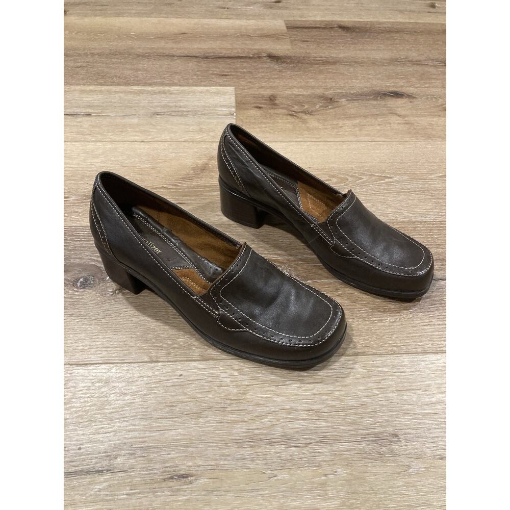 VTG 90s Chunky Heel Loafer Shoe Woman 8.5 Brown Leather Square Toe DarkAcademia